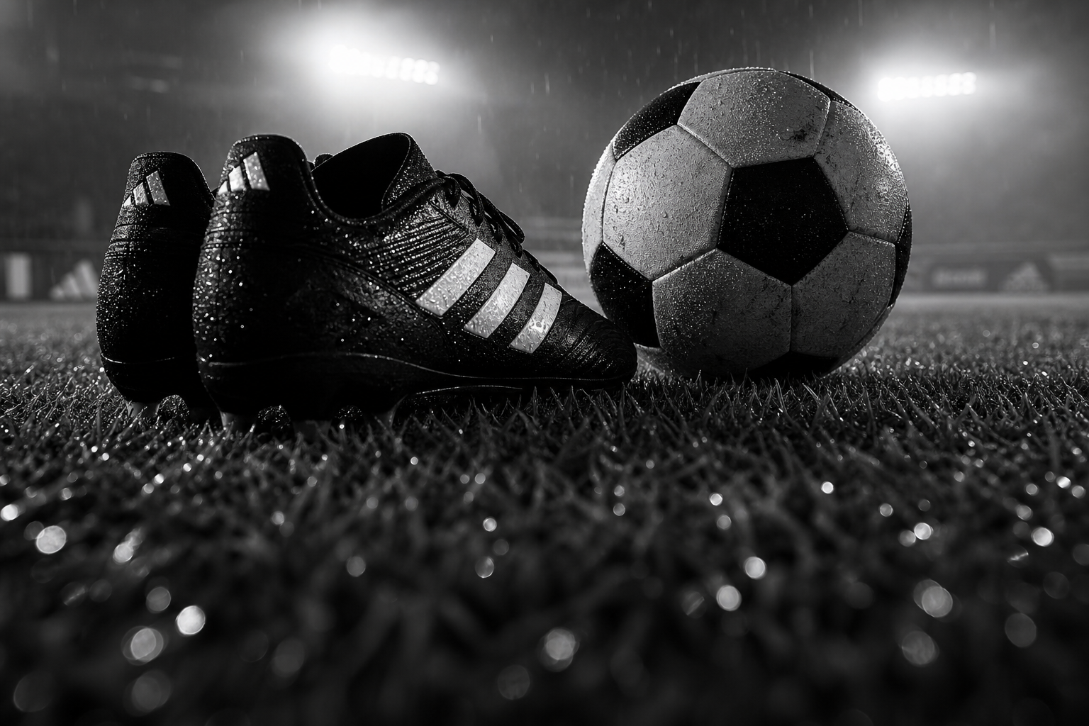 Boots and ball on rain-soaked turf